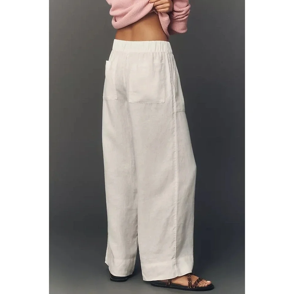 Beyond Yoga White 100% Linen Wide Leg Elastic Waist Patch Pocket Pants Large